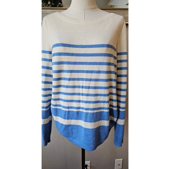 Talbots 100% Merino Wool Striped Pullover Sweater‎ Women SZ L White Blue - Picture 1 of 4